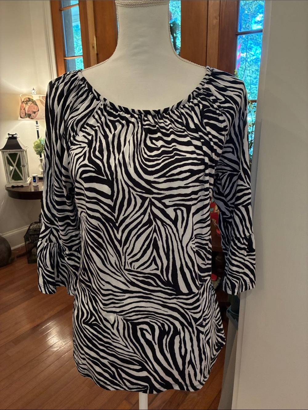 Michael Kors Black and White Zebra Print 3/4 Bell Sleeve Top Size M